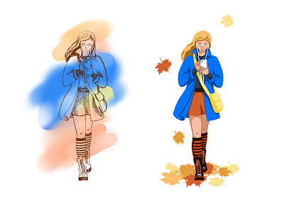 Girl in blue coat autumn autumn leaves girl with headphones illustration music procreate