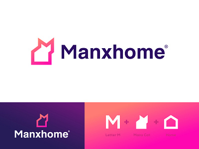 Cat home Logo Design | Manxhome logo |M + cat + home