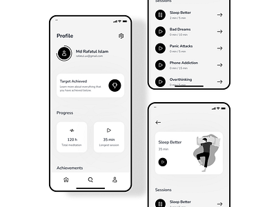 Meditation app profile design app design fitness app design healthcare app design prototype rafatulux ui ui ux design user journey map wireframe