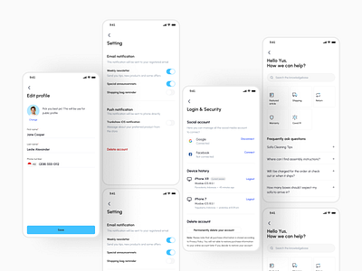 eCommerce mobile app profile | Settings security control app design branding design ecommerce profile page graphic design illustration logo mobile app prototype rafatulux settings page ui ui ux design user journey map wireframe