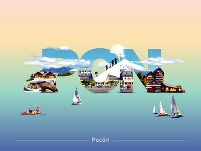 Postcards from CHILE - Pucón aquatic sport austral chilean city design digital illustration illustration lake mountain vector