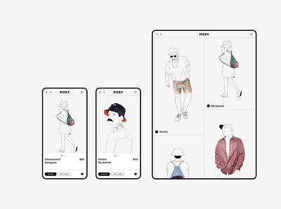 Picky Shop app clothes clothing clothing app e commerce ecommerce fashion fashion brand illustrations mobile app mobile design mobile ui online shop online store recycle shop shop app shopping app store upcycle