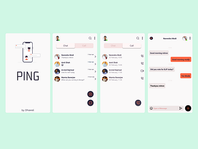 Chat app "PING" concept screens. app design ui ux