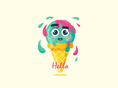 Ice cream happy face hello ice cream illustration mint pink summer wafer yellow