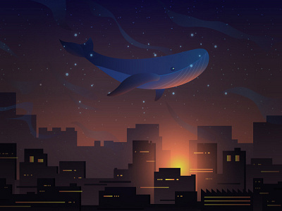 Whale city dark dream illustration night stars sun sunset whale