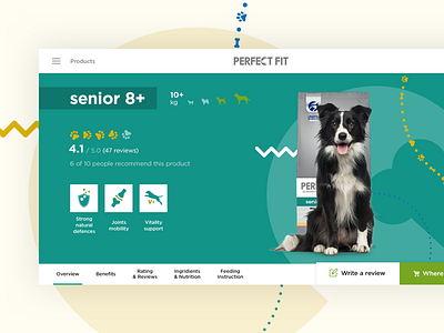 Product page for Perfect Fit color desktop details dog product ui web