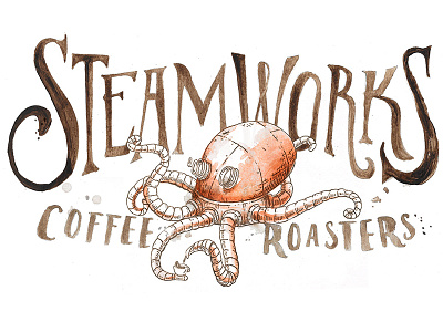 Steamworks Coffee Logo branding coffee design hand drawn illustration lettering logo octopus painted water color