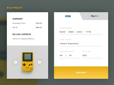 Checkout checkout credit card gameboy gameboy color nerd payment ui ux yellow