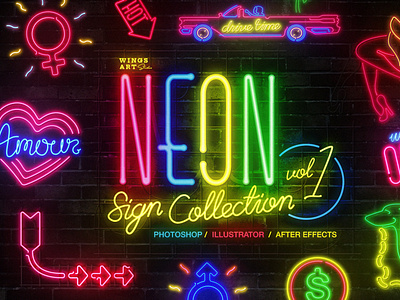 Neon Sign Collection Volume One arrows arts bars bundle burlesque cafe coffee drive time female symbol girls graphic design lights love male symbol open sign sausage dog signs urban vintage