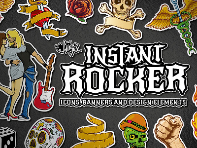 Instant Rocker – Heavy Metal Vector Icons and Design Elements badge cartoon heavy metal icons illustration logo music roller derby skulls tattoo teenage vector