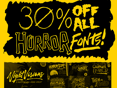 30% OFF ALL HORROR FONTS THROUGHOUT OCTOBER! font sale halloween hand drawn horror horror fonts lettering sale type wingsart