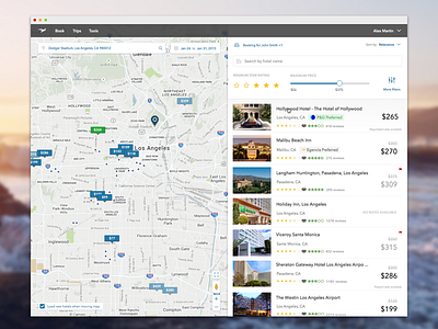 Hotel Shopping - List app clean filter hotel list map results search tags travel ui web
