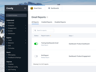 Table & Management, Email Reports (Countly) analytics app clean dashboard design flat icon interface layout management minimal navigation panel search settings table tabs toggle ui ux