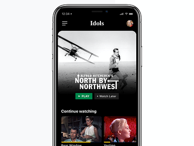 Movie App, 2019 (Idols) app dark dark ui design film flat grid hbo hitchcock ios mobile movie movies netflix player spotify tv typography ui ux