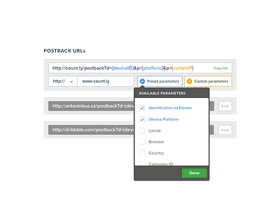 Postback URL creator - Countly analytics app button content creator dropdown editor input interface ui url ux