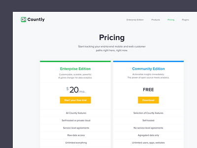 Pricing page - Countly analytics button flat interface label landing pricing table ui ux website