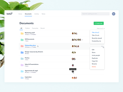Documents Page (Balsa) app balsa collaboration countly dashboard dropdown flat interface layout navigation table tabs ui ux web design webapp