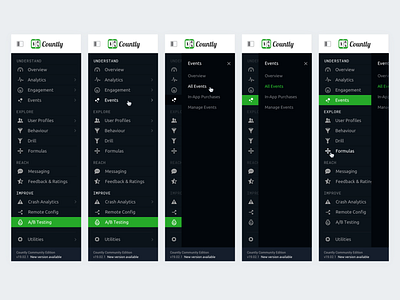 Sidebar Navigation Exploration (Countly) analytics app button dark dashboard design flat hover interface layout list menu metrics navigation navigation bar panel sidebar ui ux vector