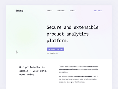 Minimalistic product page concept (Countly) analytics blur button clear clear design countly flat golden ratio gradient landing page layout minimal minimalism navigation product product page typography ui ux website