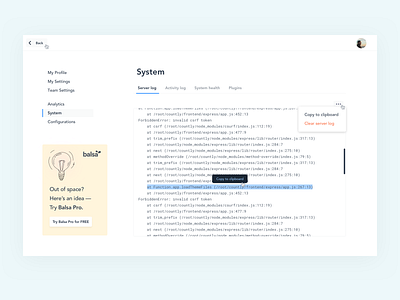 System Settings (Balsa) analytics app chart dashboard design designer dropdown dropdown menu flat illustration interface layout management navigation panel settings ui ux web app web application