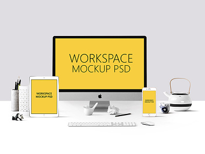 Workspace Mockup PSD clean desk download free freebie freebies imac ipad pro iphone 7 plus mockup psd workspace