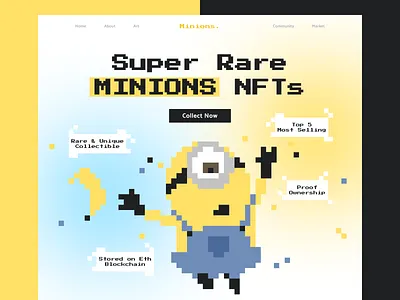 Minions NFTs Hero Page 8 16 bit style cartoon colorful elegant etherium flat hero hero page illumination illustration landing page minion minions nft pixelate illustration ui user interface webpage website website design