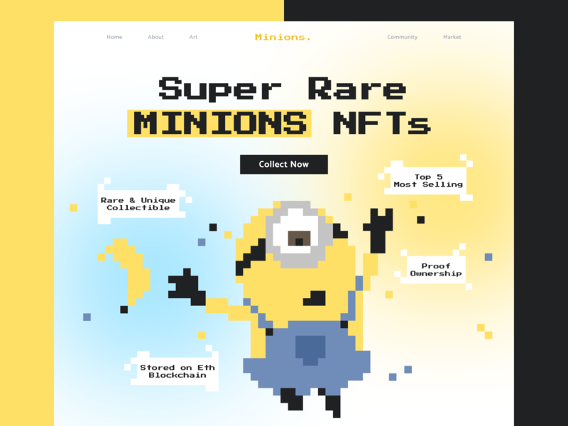 Minions NFTs Hero Page 8-16 bit style cartoon colorful elegant etherium flat hero hero page illumination illustration landing page minion minions nft pixelate illustration ui user interface webpage website website design