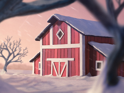 Snowy Barn barn clay digital art illustration landscape snow trees