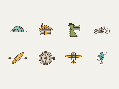 Teichmann Camping Icon Set aeroplane cabin camping canoe compass dragon fish fishing icons motorbike tent