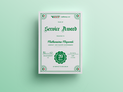 MDS Collivery Service Award Certificate a4 award certificate corporate courier green long service paper print red