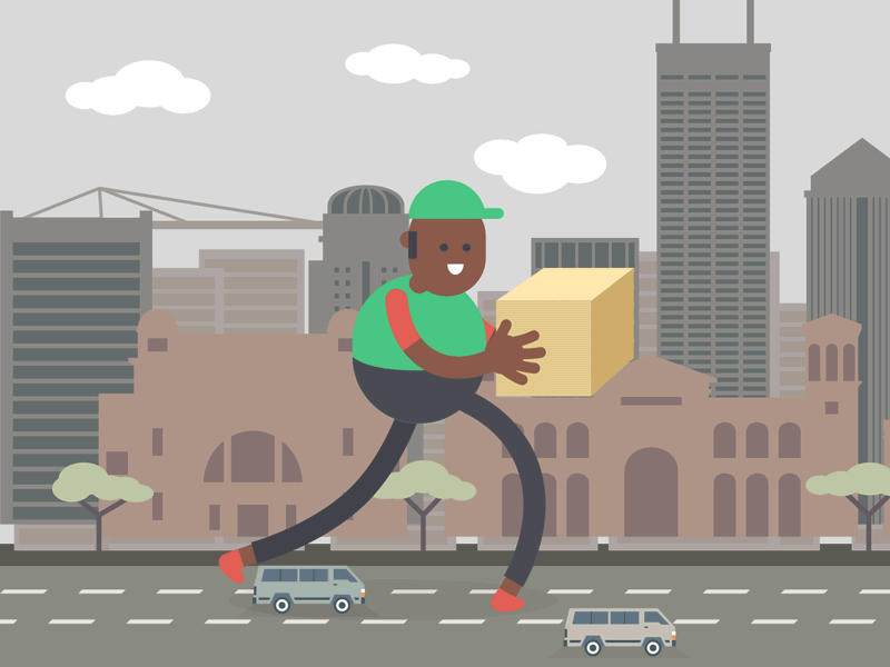 Johannesburg Delivery Man Animated Gif 2d 2danimation ae after effects aftereffects animated gif animation animation 2d city cityscape delivery flat gif johannesburg loop road taxi trees vector vector animation