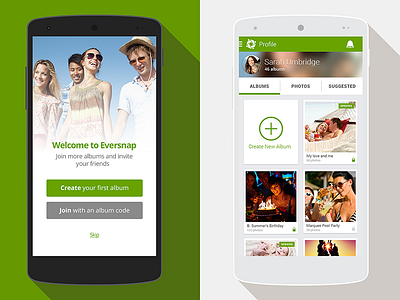 Eversnap • Welcome & Profile Views android app eversnap flat icon interface photo photo sharing product ui ux uxui