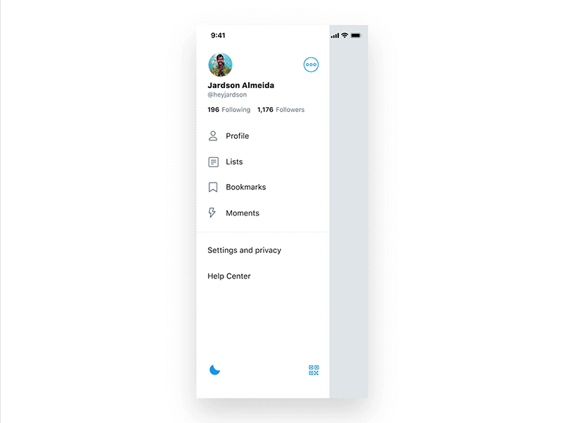 Twitter Night Mode Switch (FREEBIE) animation app interaction night mode principle profile sidebar menu twitter ui uiux ux