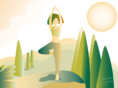 Vector illustration. Yoga. adobe illustrator fitness flat girl girl character illustraion mountain nature people sport summer party sun three vector illustration yoga