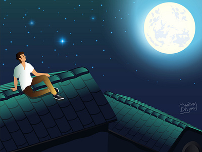 Vector illustration. Roofs and the moon.