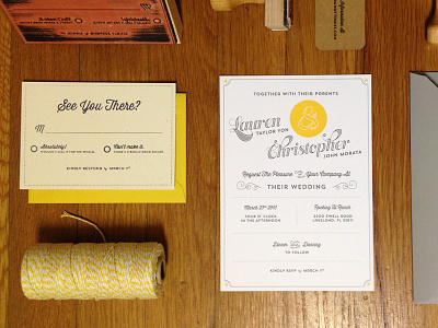Our Wedding Invitations collateral design gray invitations invite package print stamp vintage wedding yellow