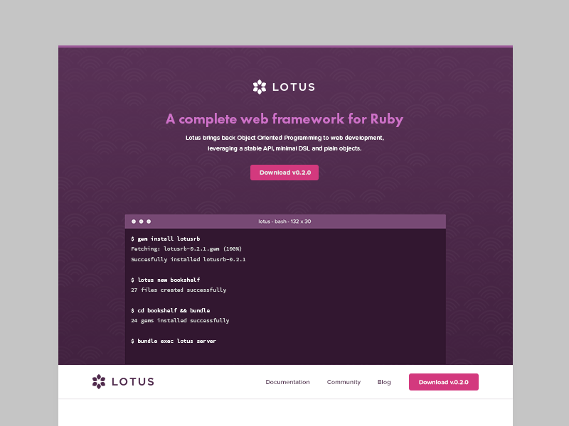 Lotus Ruby - Landing Page developer flat flat ui framework landing page lotus marketing page purple ruby