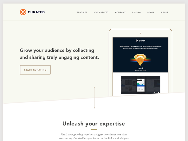 Curated.co Marketing Site clean curated flat geometric landing page marketing site responsive simple typographic typography ui