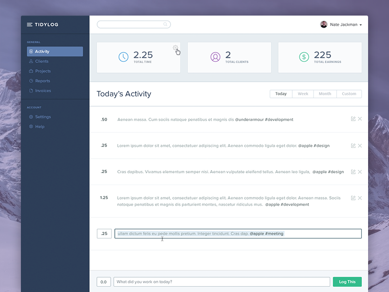 Tidylog Sneak Peek - Activity Dashboard clean dashboard dashboard ui flat interface simple time tracking ux