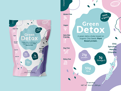 A green detox shake based on organic Chia Seeds allergy branding chia design detox glutenfree green illustration matcha mix packaging protein typography vector vehan
