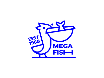 Mega Fish bird blue brand branding branding design fish food illustration line logo mark monochrome pelican sea sign stamp