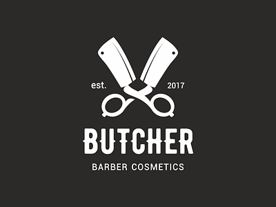 Butcher barber barbershop butcher cleaver cosmetics knife logo scissors