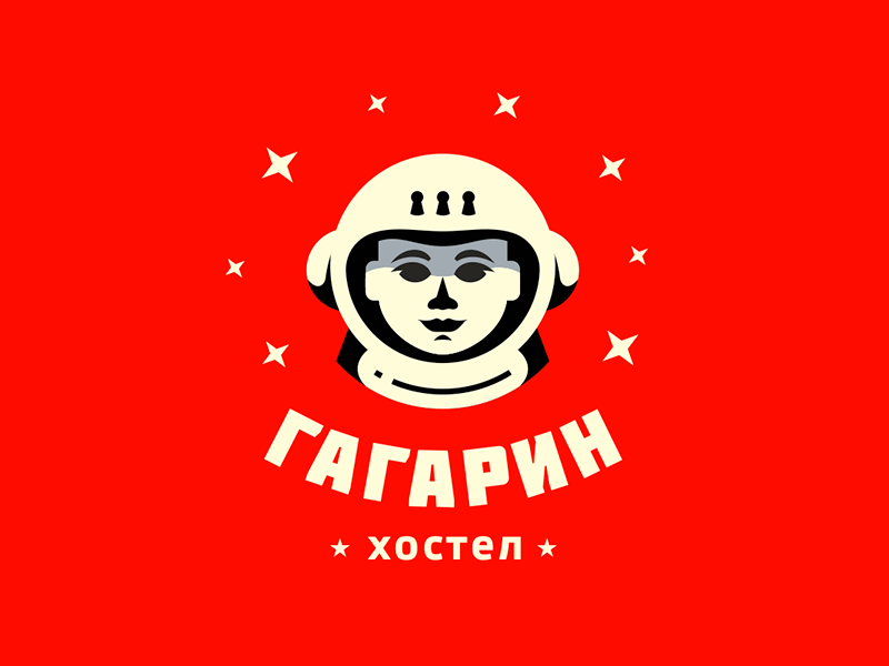 Gagarin Hostel cosmonaut gagarin hostel hotel illustration keyhole logo space spacesuit stars