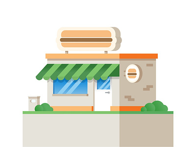 Burger Cafe bricks building burger bush cafe canopy door door handle glare glass grass house illustration roof shadow signboard trashcan window