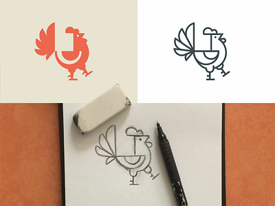Cock beak bird crest figures flipper lines logo negative space pencil sketch rooster sign