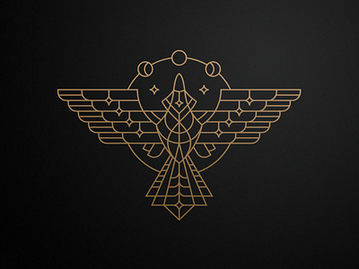 Night-bird bird branding gold illustration lines logo moon night raven sign star texture wings