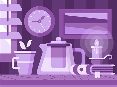 Room book candle clock cup fire illustration interior night painting print purple room shutters tea teapot window