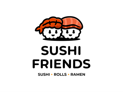 Logo for Sushi Friends branding cartoon character friends rolls salmon shrimp sign sushi