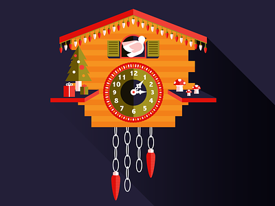 Cuckoo christmas cuckoo clock flat illustration lights mushrooms vector illustration