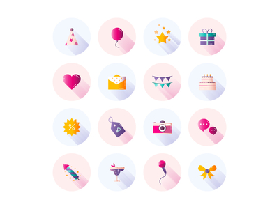 Party icon set balloon birthday cake cocktail cute event fireworks flat gift icon set party party icons